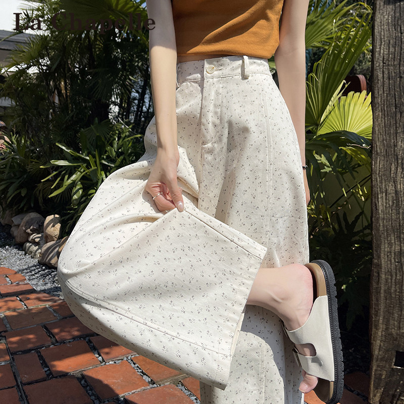 La Chapelle Pure Cotton Floral Wide-Leg Pants for Women, Summer Thin Style, Petite High-Waisted Slimming Straight-Leg Cropped Casual Pants