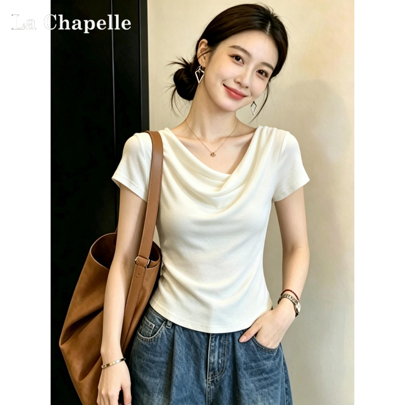 La Chapelle Apricot Off-Shoulder Ruffled Short-Sleeve T-Shirt for Women, Early Autumn and Summer Design, Pleated Slim-Fit Long-Sleeve Top