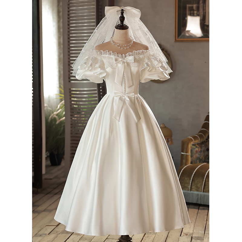 French-Style Petite Vintage Satin Light Wedding Dress Bride's Toast Dress Runaway Princess Off-The-Shoulder Hong Kong Style Dress White French-Style Petite Vintage Satin Light Wedding Dress Bride's Toast Dress Runaway Princess Off-The-Shoulder Hong Kong Style Dress White