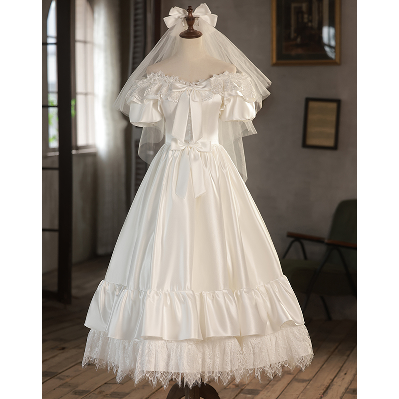 Retro wedding dress for princess, french style, open shoulders, suitable for teen, white clothing Retro wedding dress for princess, french style, open shoulders, suitable for teen, white clothing