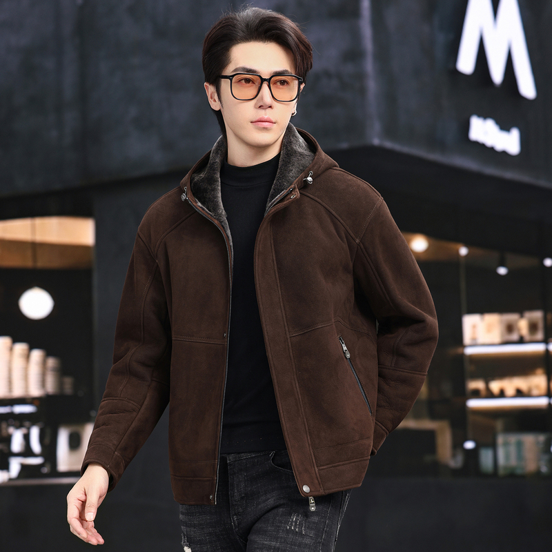 Genuine Leather Jacket for Men, Light Luxury, Natural Sheepskin Fur Integrated Hooded Short Fur Jacket, Autumn and Winter Casual Thick Coat