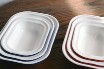 Net celebrity with bigger defects Retro red and blue edges thickened rectangular enamel plate Enamel snack plate Baked rice baking plate