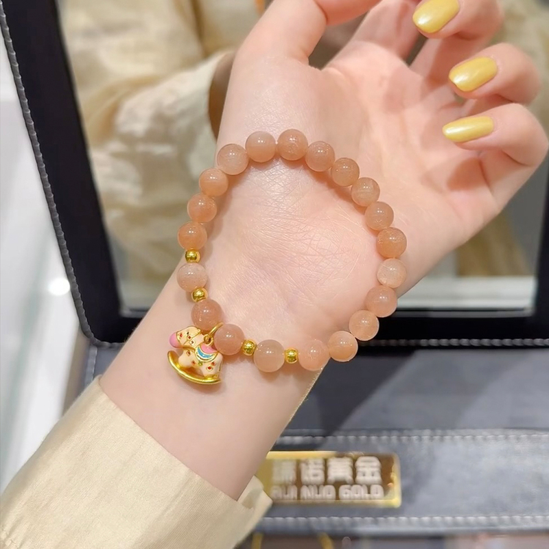 Natural Color Sunstone Round Bead Carousel Bracelet for Women, Fortune Beads, Rocking Horse Orange Moonstone Bracelet, Crystal Sand Natural Color Sunstone Round Bead Carousel Bracelet for Women, Fortune Beads, Rocking Horse Orange Moonstone Bracelet, Crystal Sand