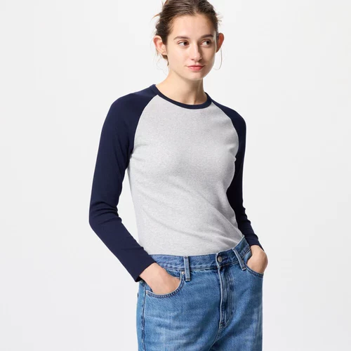 Uniqlo Женская мягкая ребра, контрастная круглая шея футболка/с длинным рукавом рукав внутренний и летний новый стиль 476855