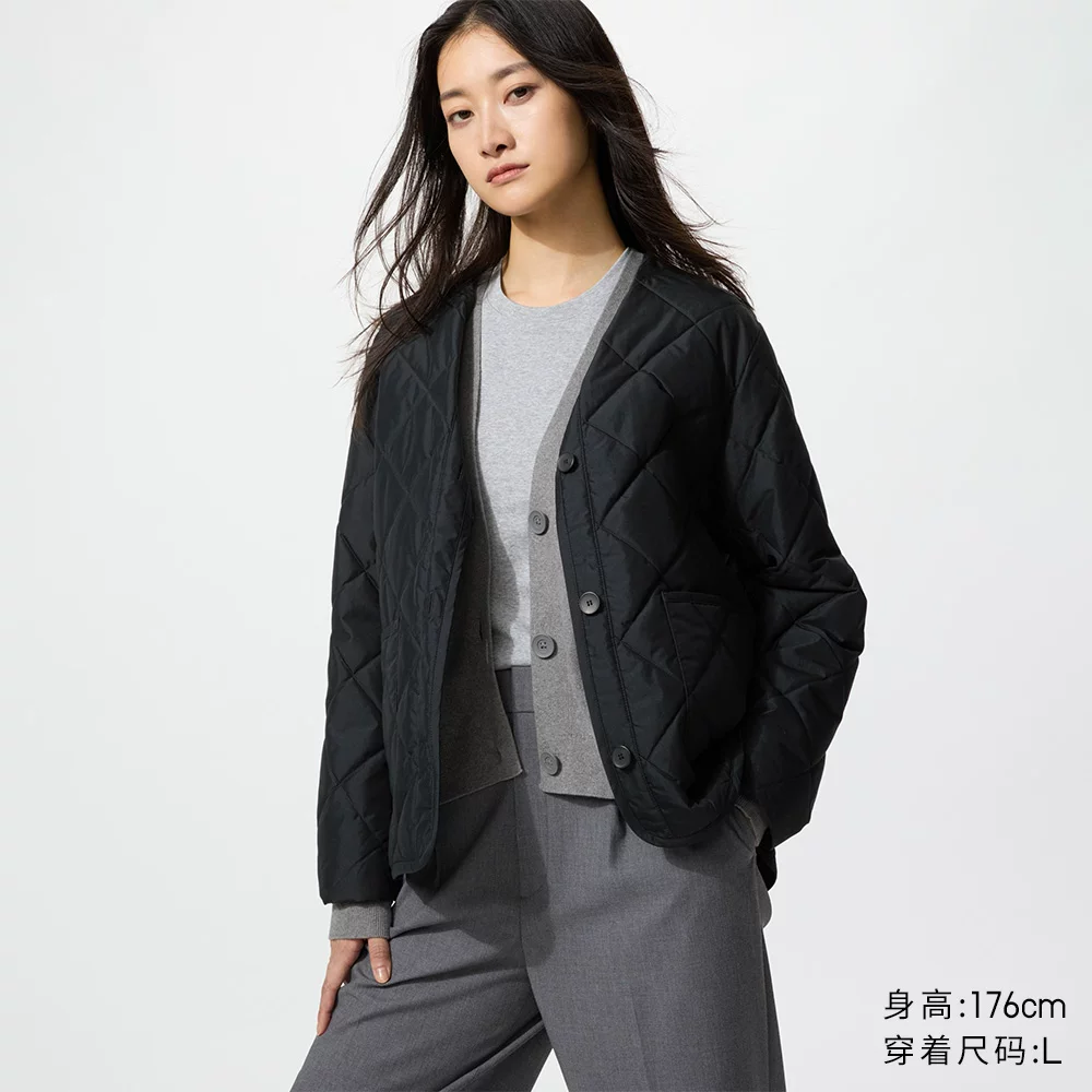 УниКло женская куртка-плащ без воротника PUFFTECH Air Cotton Jacket/Coat 482274 484251