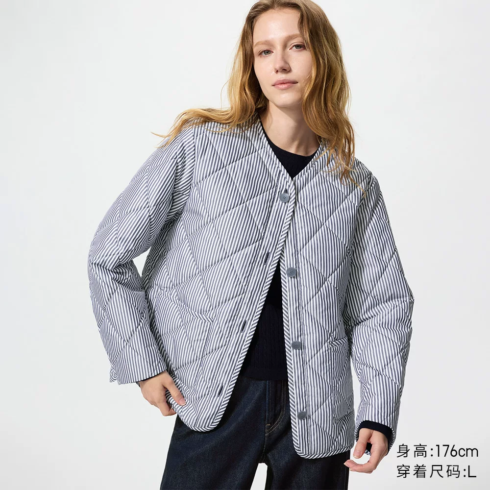 УниКло женская куртка-плащ без воротника PUFFTECH Air Cotton Jacket/Coat 482274 484251