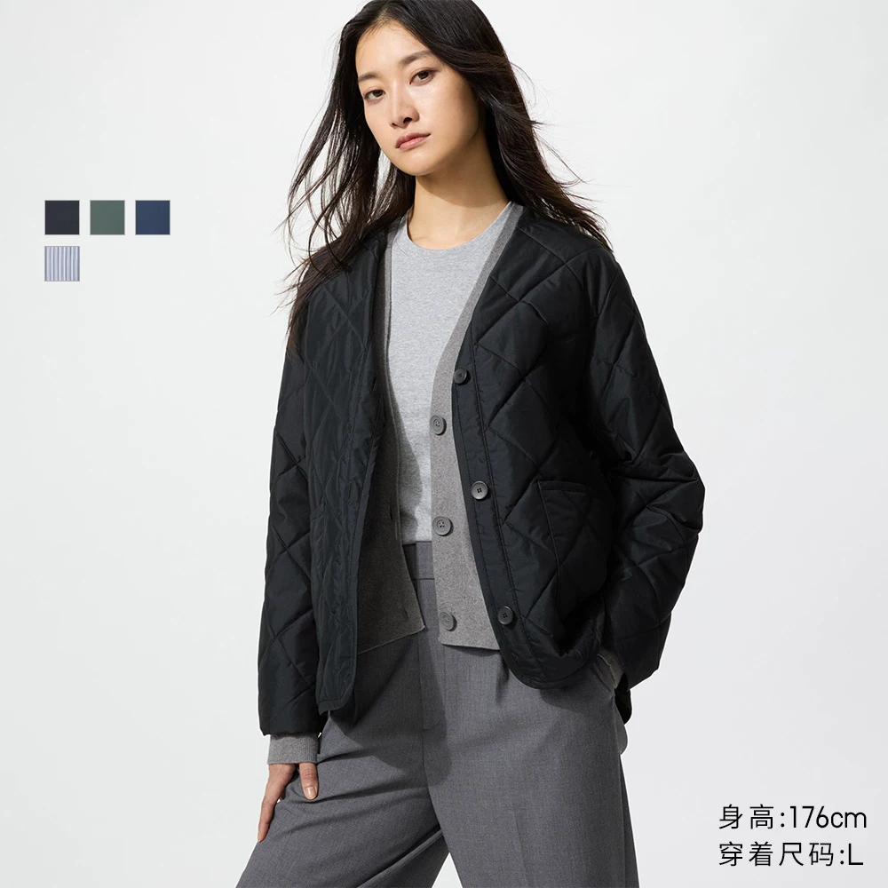 УниКло женская куртка-плащ без воротника PUFFTECH Air Cotton Jacket/Coat 482274 484251