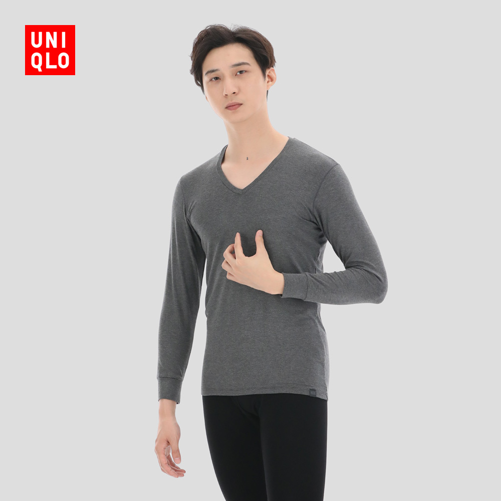 UniqloHEATTECH Black tech warm clothes Doshone warm men's clothes bottom T-shirt V collar 90% sleeves 429018