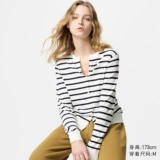 Uniqlo Женская модальная хлопковая рубашка с круглым вырезом в полоску, открытая трикотажная рубашка с длинными рукавами, можно стирать в машине 476975