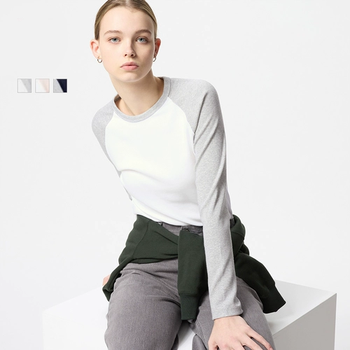 Uniqlo Женская мягкая ребра, контрастная круглая шея футболка/с длинным рукавом рукав внутренний и летний новый стиль 476855