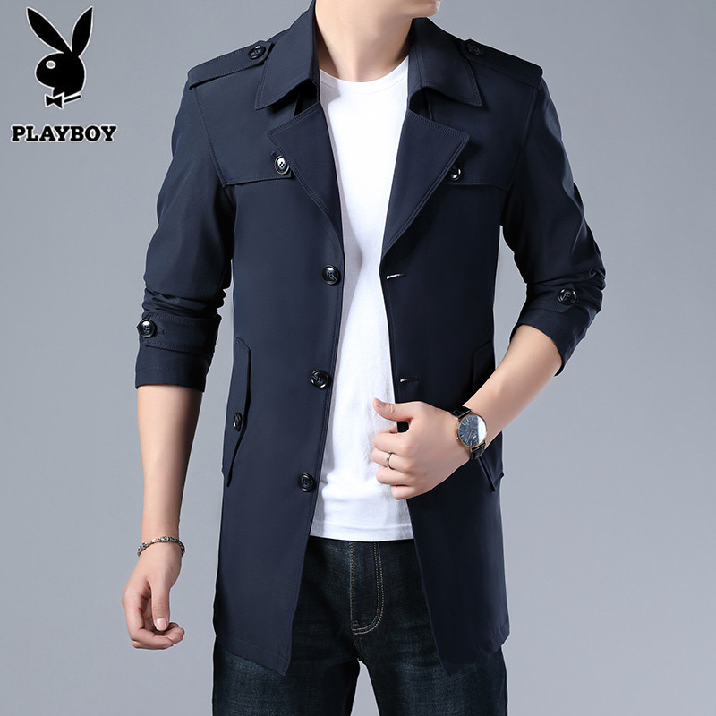 Playboy mid-length windbreaker men's 2021 spring and autumn new Korean version of plus size slim coat lapel jacket