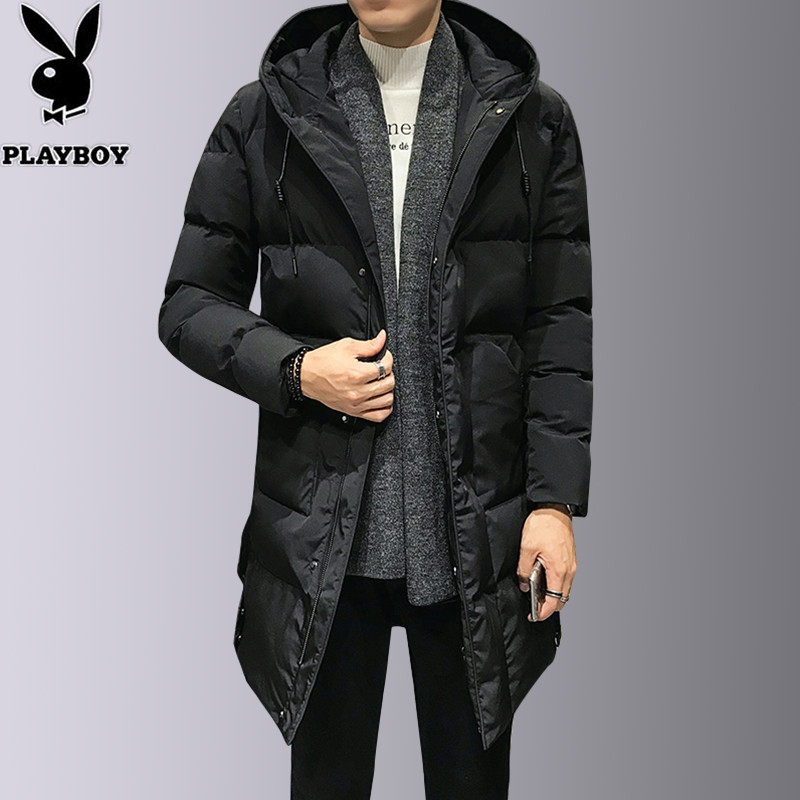 Playboy Cotton-padded Men's Medium and Long Edition 2021 Winter Men's Coat Hooded Cotton Coat Korean Handsome Cotton Coat Tide