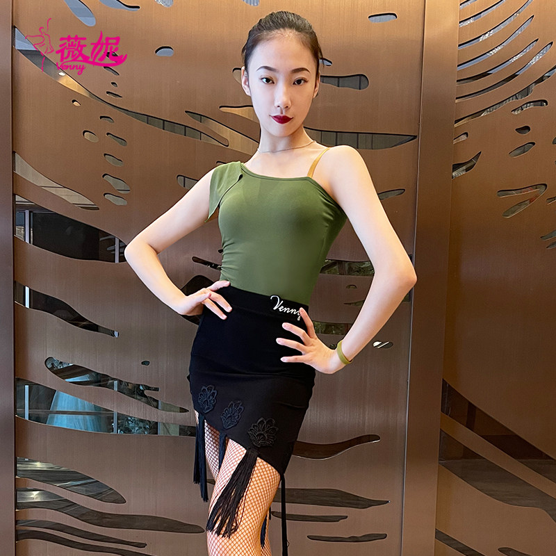 venny Vienie Latin dance practice Girl Children New Slanted Shoulder Harnesses Two-style Flow Su Dancing Skirt Mesh Red Suit