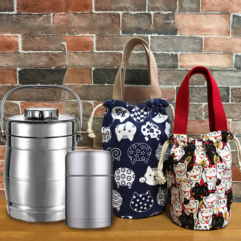 Japanese style drawstring round insulated bucket lunch box bag tote bag student bento bag stew pot water cup bag tote bag