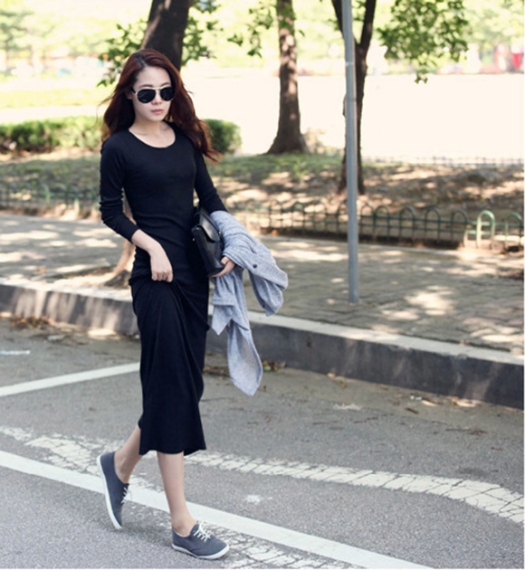 Mùa xuân 2018 mới của phụ nữ phiên bản Hàn Quốc của phương thức váy dài tay cỡ lớn Váy dài váy mỏng váy maxi