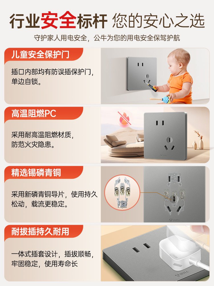 Bull Brand Switch and Socket Panel for Home Use, Genuine Product from the Official Website, Whole House Package, Concealed Wall-Mounted, with One Switch and Five Sockets, G12 Gray
