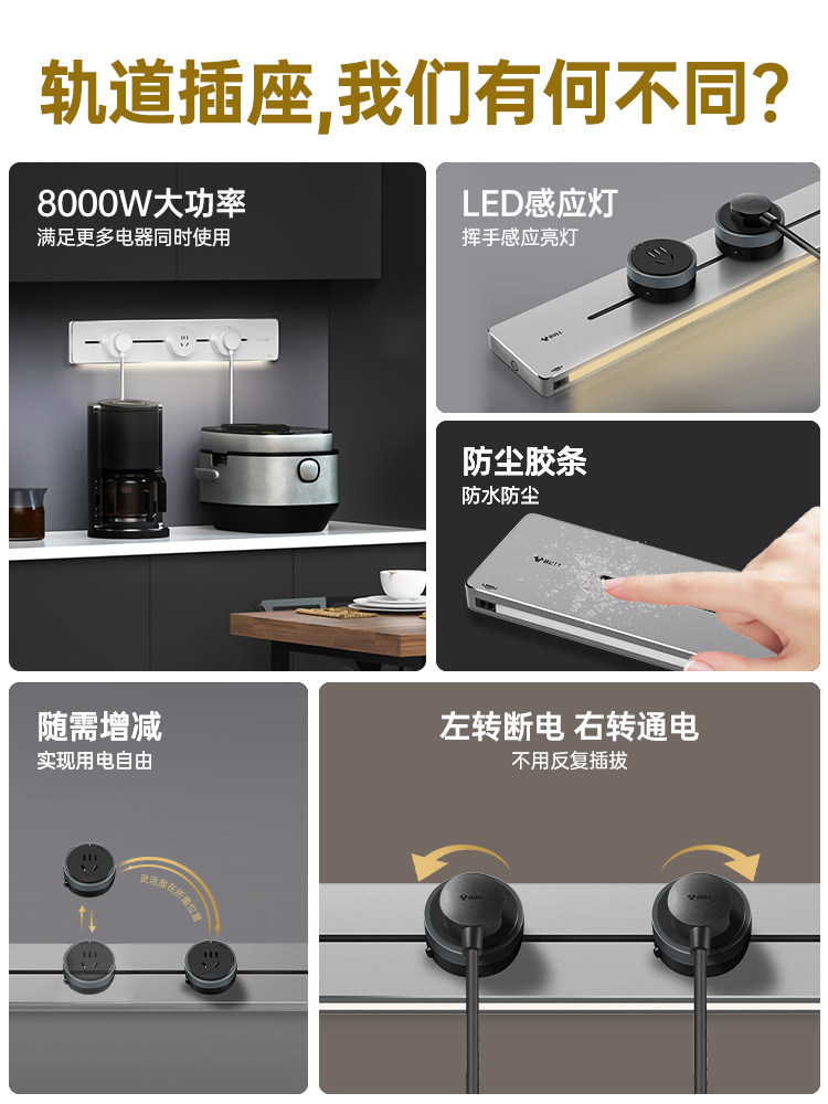 Bull Lamp with Track Socket Removable Slide Rail Kitchen Sideboard Power Guide Rail Sensor Night Light Track Plug Strip