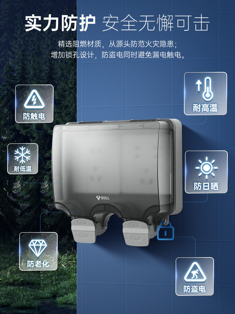Bull Two-Position Waterproof Box Splash-Proof 2-Position Socket Outdoor Concealed Waterproof Protective Cover Box Cover Bathroom Ip66 Grade