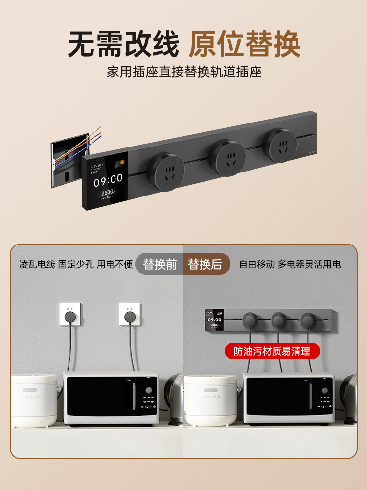 Bull Track Socket with Smart Digital Display and Switch, Suitable for Home Use, Can Be Installed on Dining Sideboards, Surface-Mounted, Movable, with Sliding Rail Power Strip