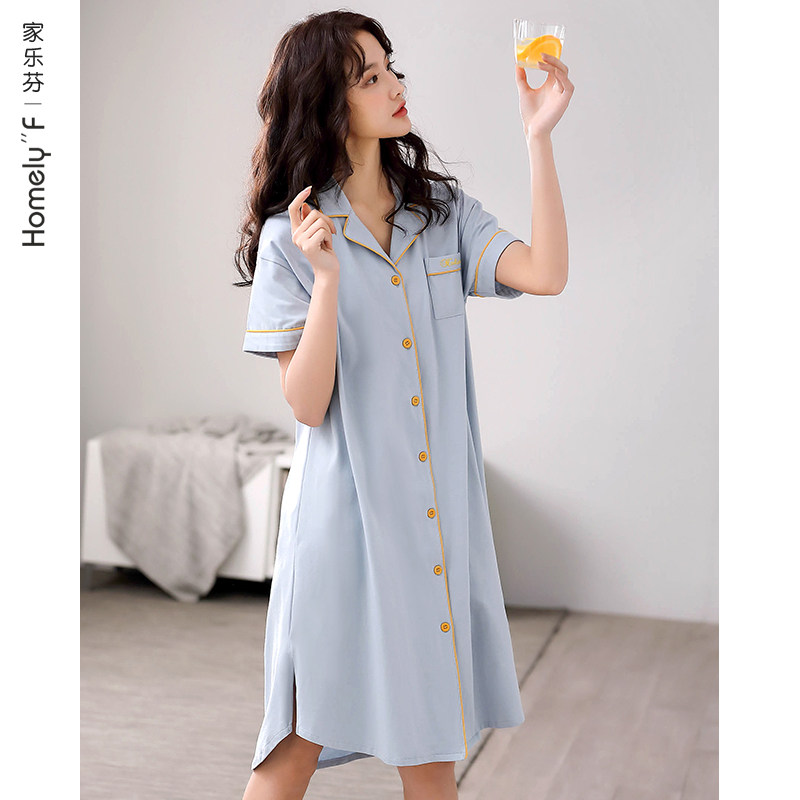 Nightdress ladies pajamas skirt summer cotton short sleeve cotton summer thin shirt cardigan long skirt size