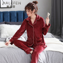 Pajamas ladies autumn and winter sea island velvet plus velvet warm not thickened coral fleece flannel home Clothing Spring and Autumn thin