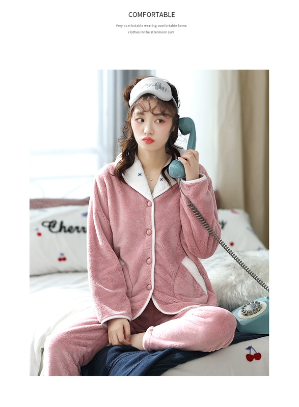 Đồ ngủ nữ mùa thu đông mùa đông san hô nhung dày ấm áp cộng với dịch vụ nhà flannel Hàn Quốc bộ đồ dễ thương - Giống cái