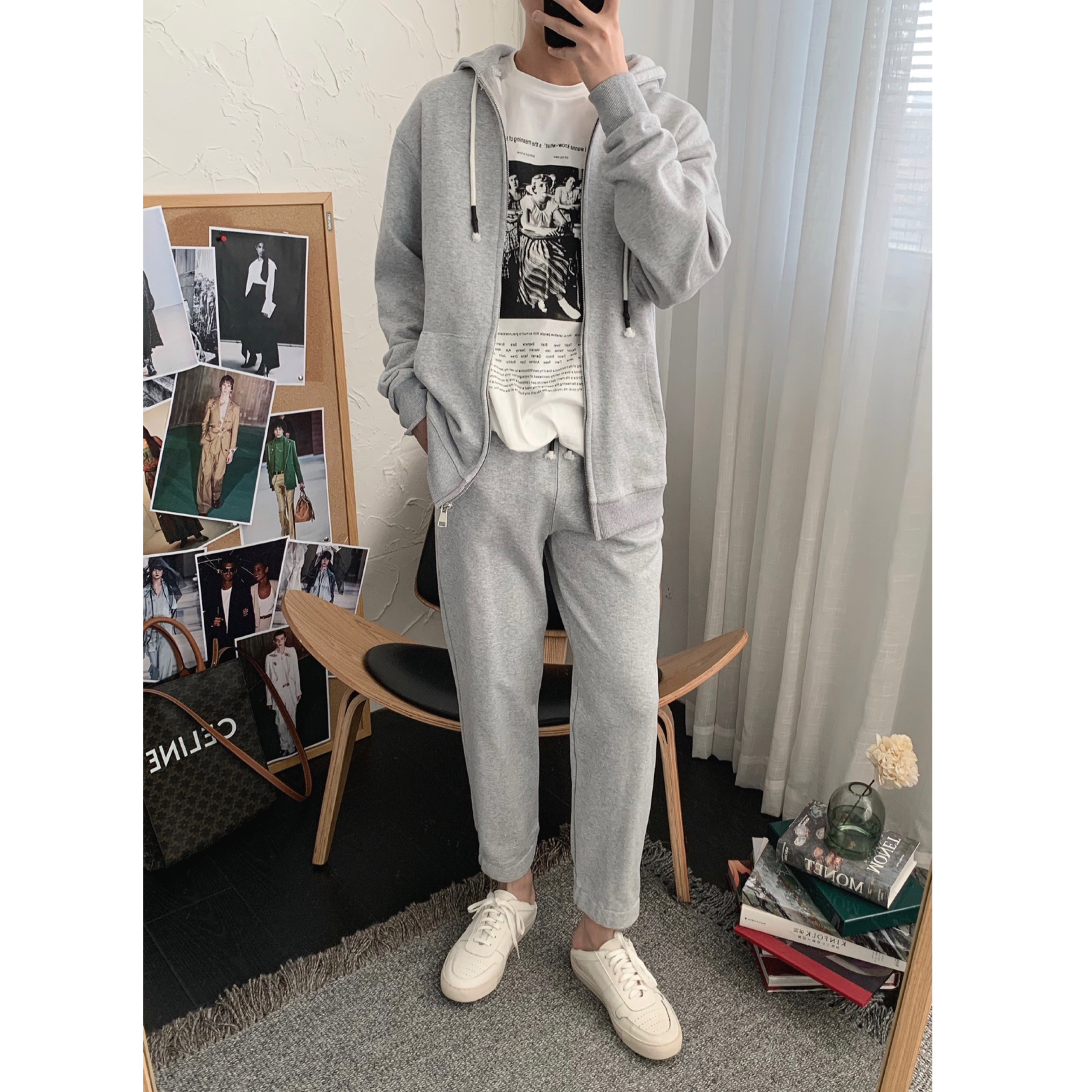 Agu Tea and Agu 20SS gray casual cotton suit male spring lazy hood sweatshirt two pieces