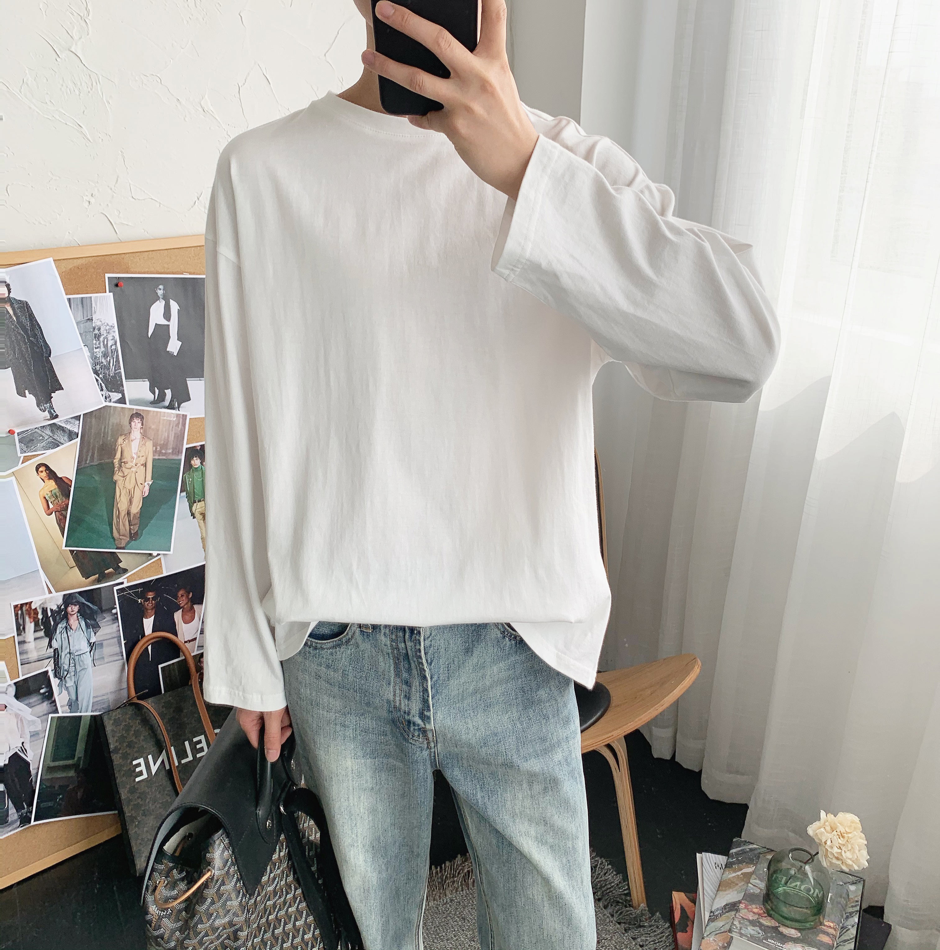 Atea with agu 20SS white long sleeve T-shirt male 100 lap pure color loose self-stay with undershirt blouse