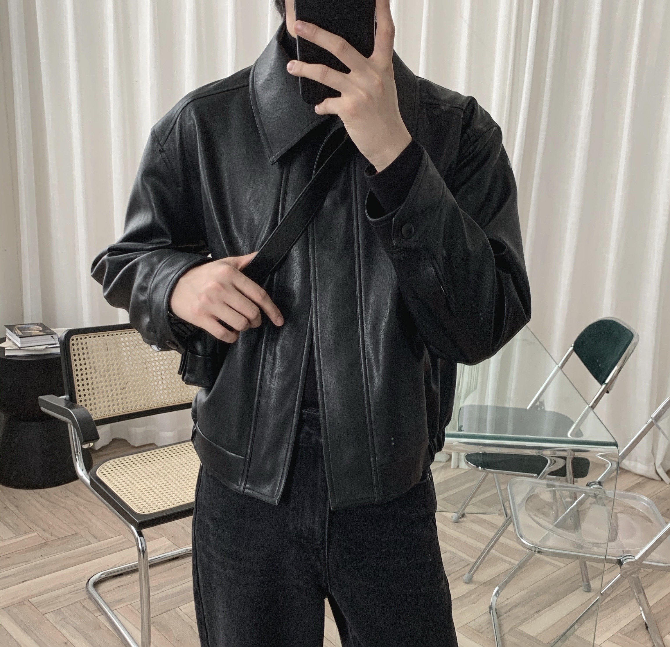 Atea With Agu Shorts Dark Black Leather Clothing Male Korean Version Tide Genre Overcoming Male Street Locomotive Clothing Leather Jacket
