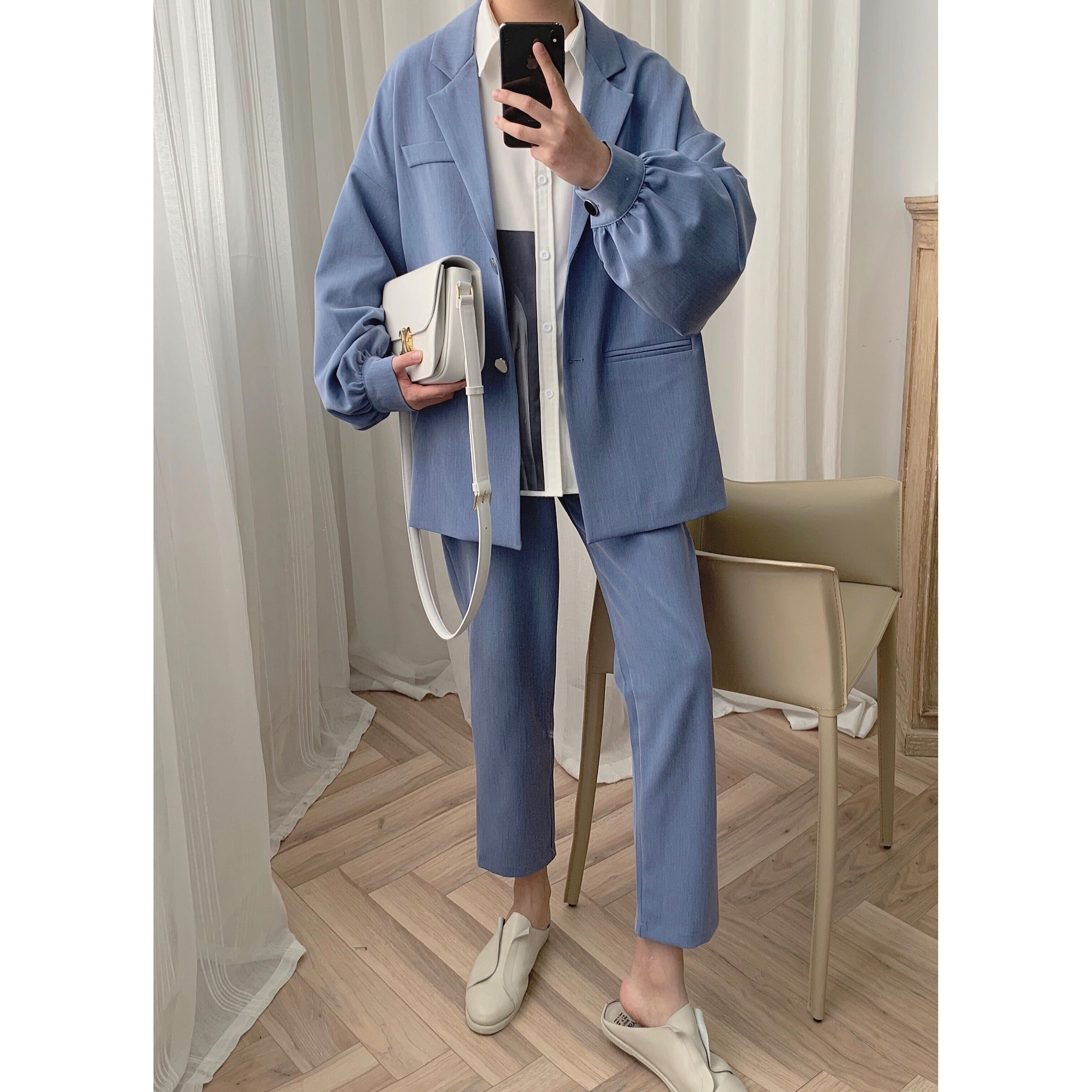 Atea with Agu Two colors Lazy Wind Suit Male Korean version of the Blossom Sleeve Net Red Casual Suit Man