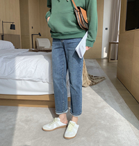 A tea and Agu blue plus velvet jeans mens autumn and winter straight loose Korean trend warm casual pants