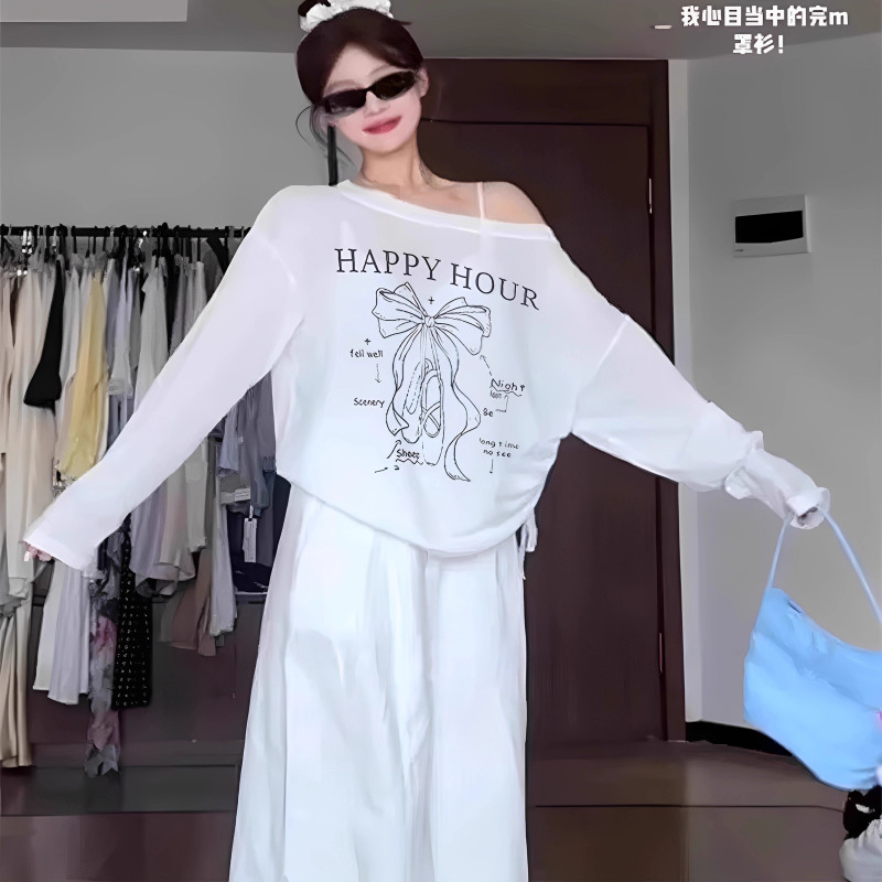 Lazy Style Thin Printed Off-Shoulder White Long-Sleeve T-Shirt for Women, Summer Slightly Sheer Loose Slimming Blouse Versatile Top