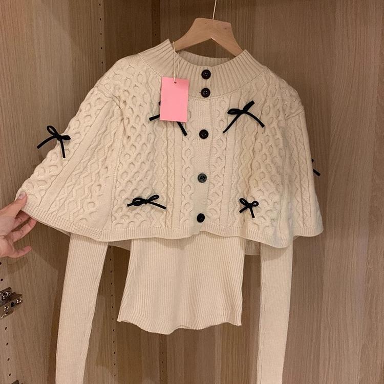 High-End and Stylish Knitted Sweater Top for Women, Autumn and Winter Inner Wear, Bow-Knot Shawl Cape Sweater Two-Piece Set