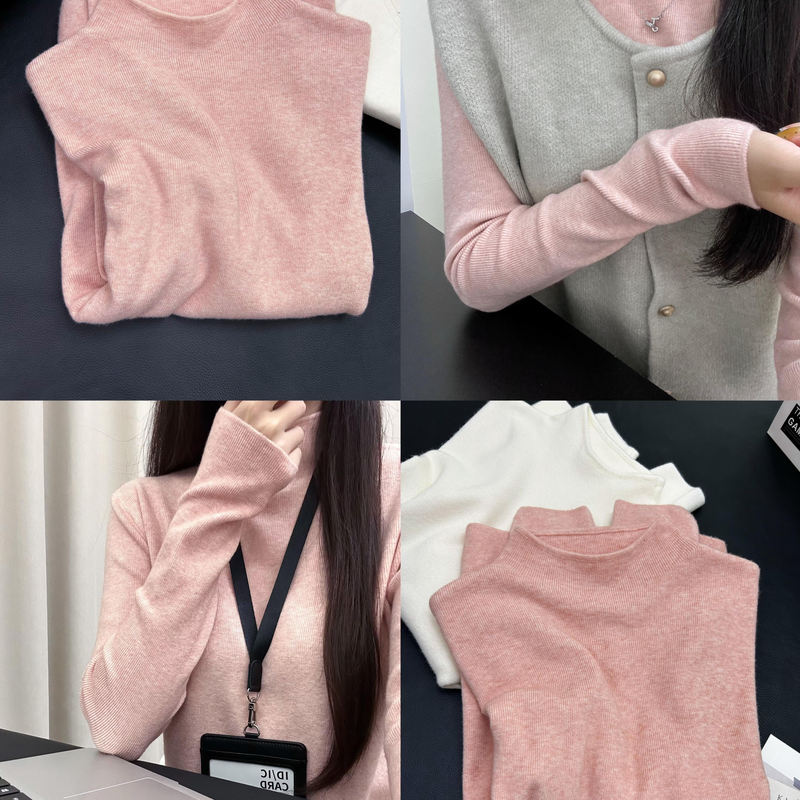 Super Pretty Cherry Blossom Pink Half-High Collar Knitted Base Shirt for Women, Autumn and Winter Solid Color Long-Sleeve Sweater with Stand Collar Super Pretty Cherry Blossom Pink Half-High Collar Knitted Base Shirt for Women, Autumn and Winter Solid Color Long-Sleeve Sweater with Stand Collar