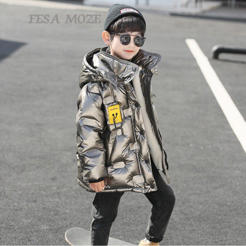 Korean boy's bright down jacket 2020 new winter clothes Western style fashionable middle-aged children's cotton clothes mid-length coat tide