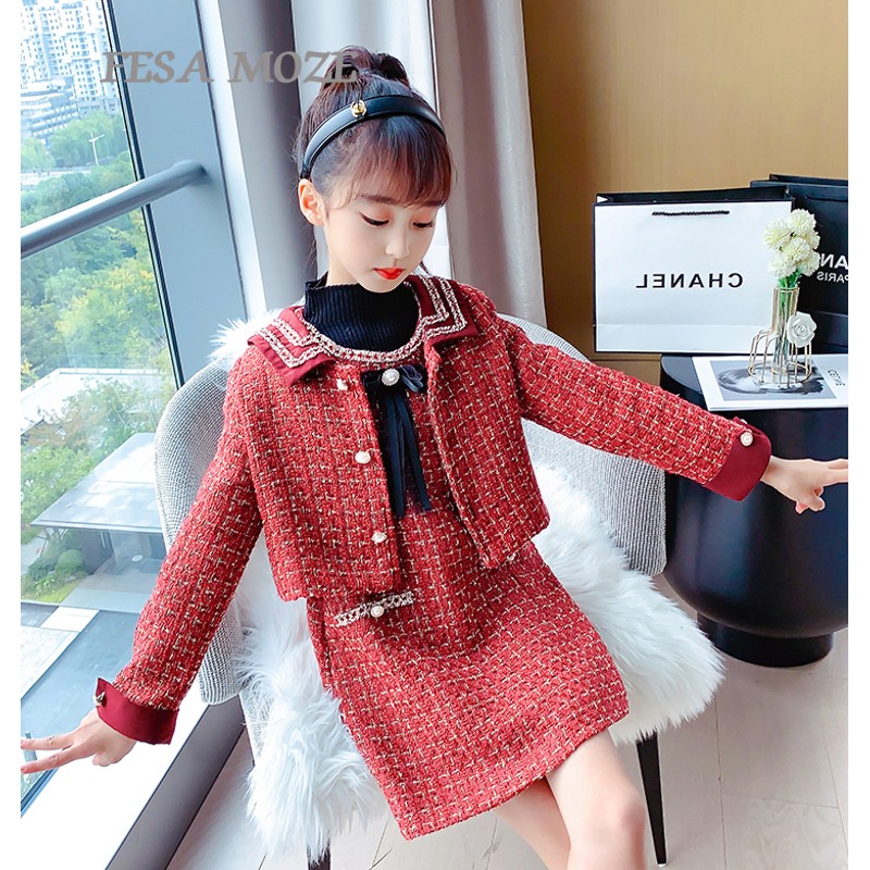 Tide brand Spring Festival girls suit skirt winter wear 2021 new Korean version fashionable two-piece girl Western style New Year's clothes