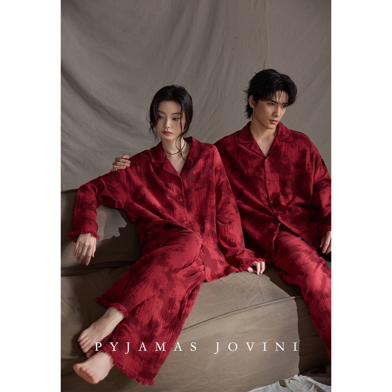 Qiaowei Ni Couple Pajamas for Women, Spring and Autumn Style, Pure Cotton Gauze, Baby Cotton, Red, Wedding, Newlywed, with Chest Pad, Men's Set