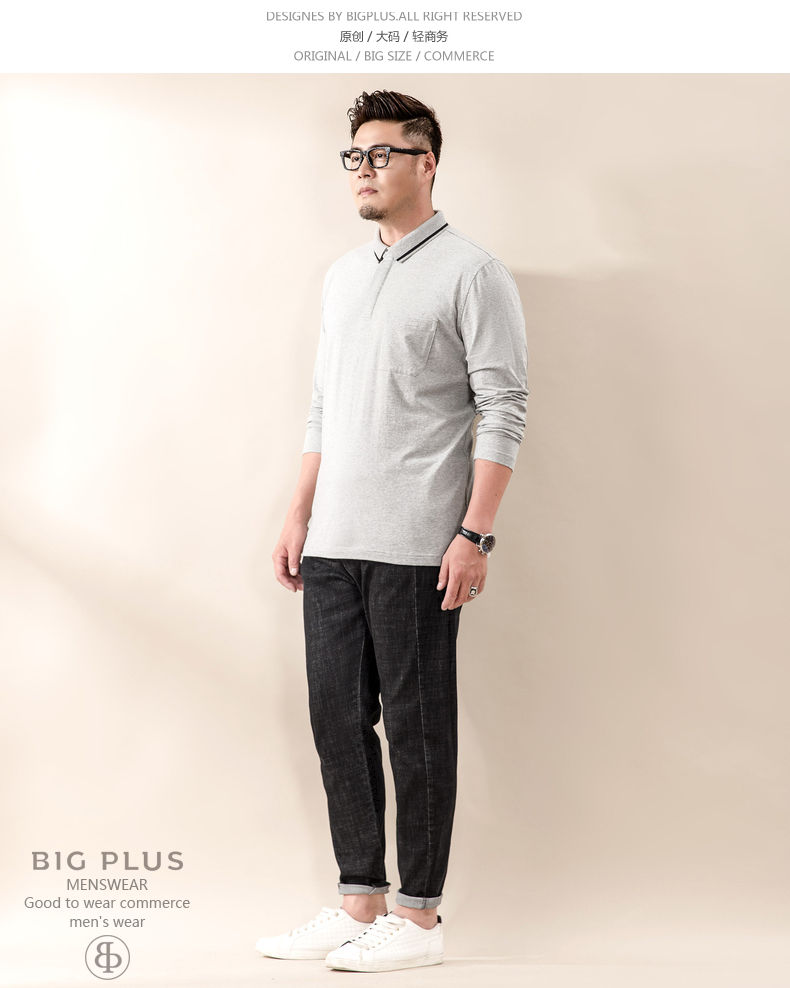 Bigplus cộng với phân bón XL áo sơ mi nam áo thun nam dài tay nam béo kinh doanh giản dị áo polo màu rắn t shirt