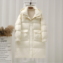 Down jacket womens winter long 2021 new Korean loose fashion hooded white duck down knee-length bread jacket