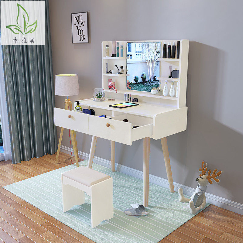 Modern minimalist bedroom small apartment ins mini light luxury dressing table princess solid wood dressing table integrated storage cabinet