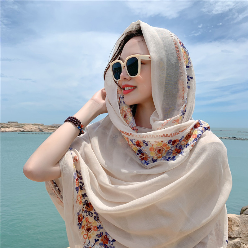 Ethnic Style Summer Sun Protection Desert Travel Shawl Seaside Beach Silk Scarf Thin Vacation Scarf Shawl Red for Women