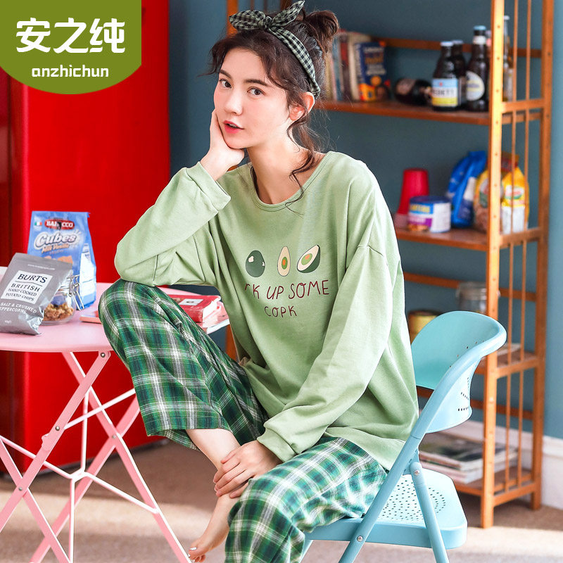 Sleepwear Lady Autumn Winter Pure Cotton Loose thin section Long sleeves Korean version Spring autumn student sweet and fresh full cotton Home Residence Suit Suit