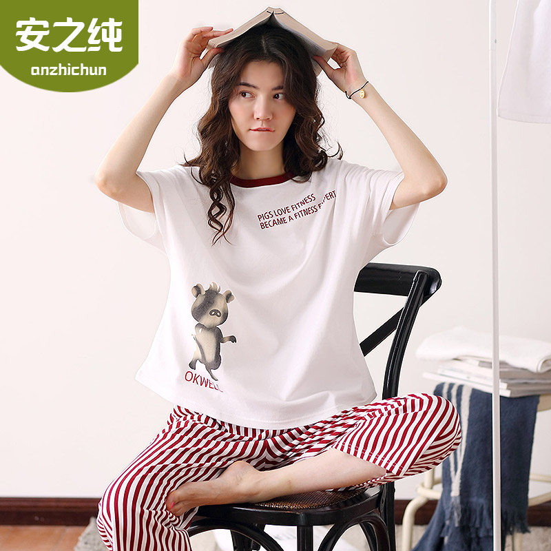 Sleepwear woman Summer pure cotton thin section short sleeve large size Korean version cute spring and summer home clothes woman can go out for two style suits