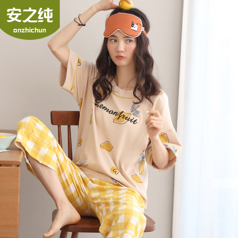 Sleepwear women Summer pure cotton short sleeves 7 Pants Loose large size Casual Thin style Grid Full Cotton Home Conserved Suit