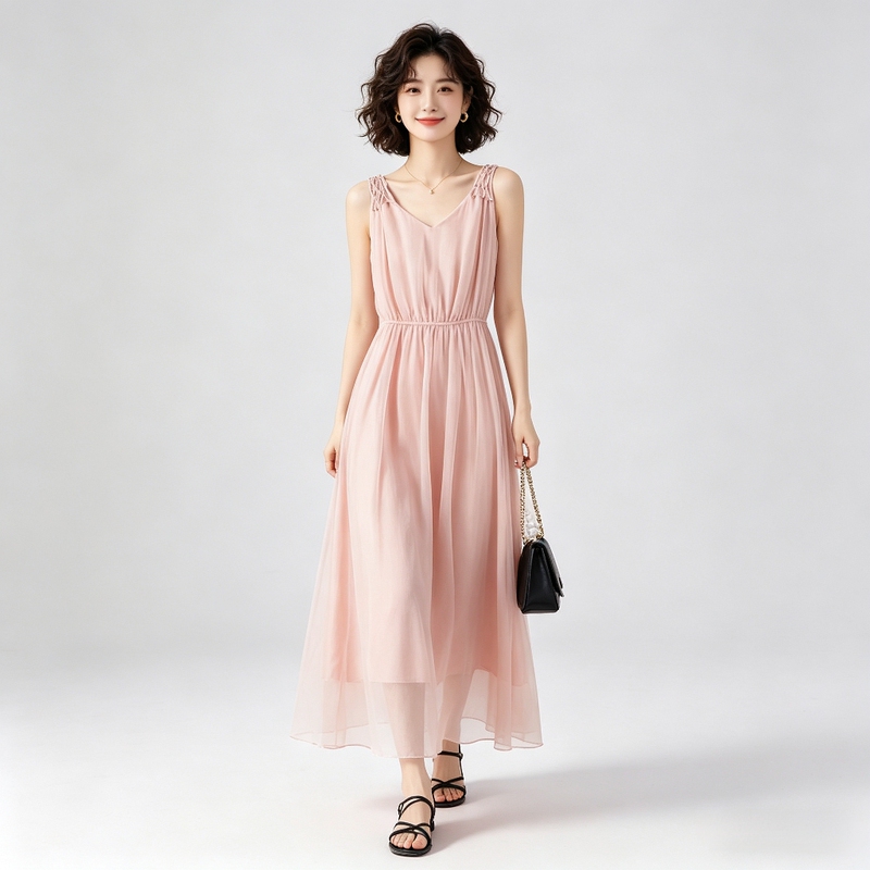 Silk Sleeveless Suspender Dress, Long Style for Women, Summer French Style, High-End Pink Mulberry Silk, Sweet Holiday Long Dress