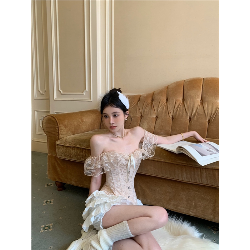 Purely Sensual, Sweet and Spicy Lace Camisole for Women, Palace-Style Corset, Tight-Fitting Fishbone Short Lace-Up Inner Top with Jacquard Pattern