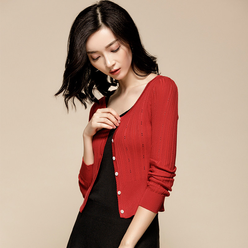 2021 fall new V collar pit streaks with short length sleeves Knitted Sweatshirt Cardiovert Slim High Waist Little Jacket Blouse