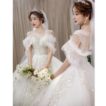 Light main wedding dress 2021 new bride one-word shoulder cover arm high-end heavy industry luxury French high-end sense of trailing female