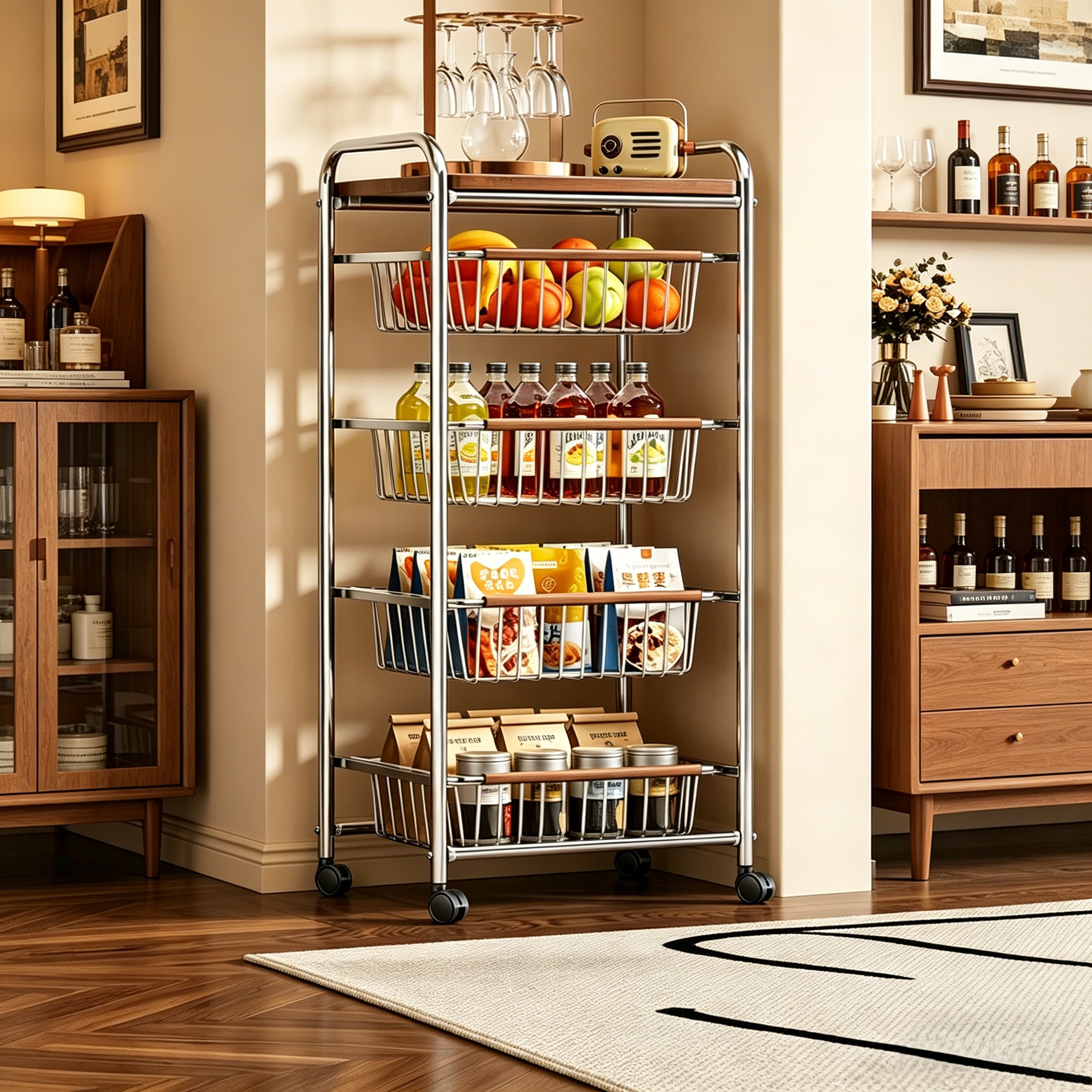 中古风厨房置物架小推车多功能夹缝多层果蔬菜篮零食可移动收纳架