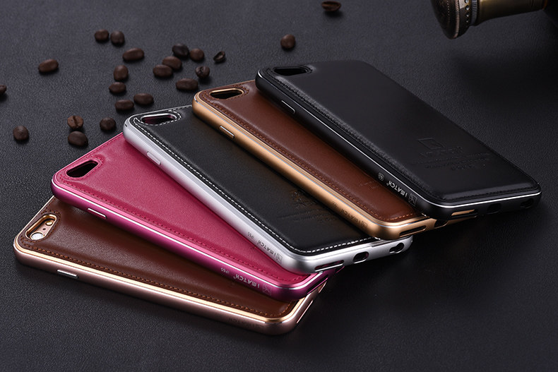 iMatch Luxury Aluminum Metal Bumper Premium Genuine Leather Back Cover Case for Apple iPhone 6S/6 & iPhone 6S Plus/6 Plus